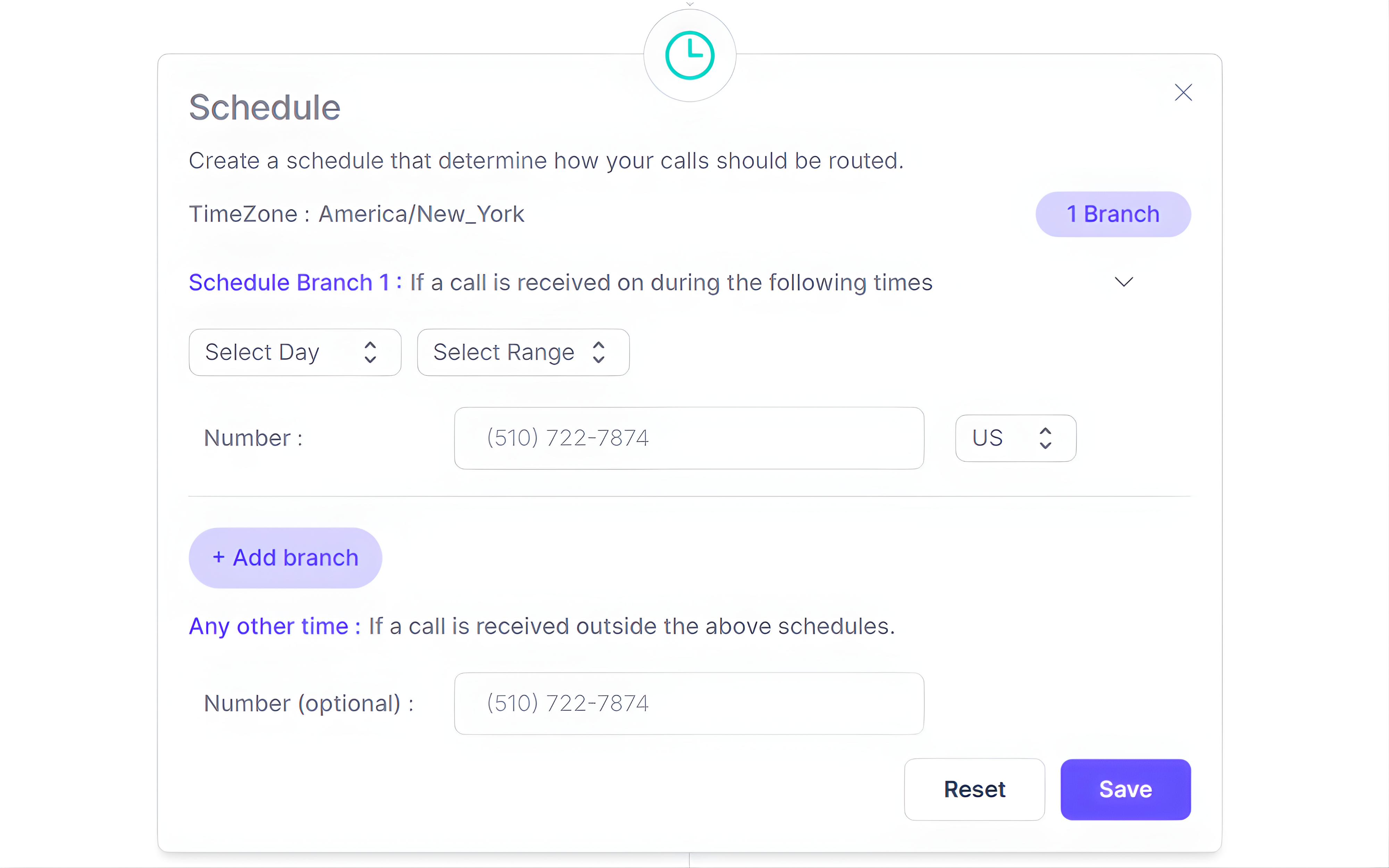 Business hours call routing setup with time based schedule, timezone selection and after hours call forwarding configuration