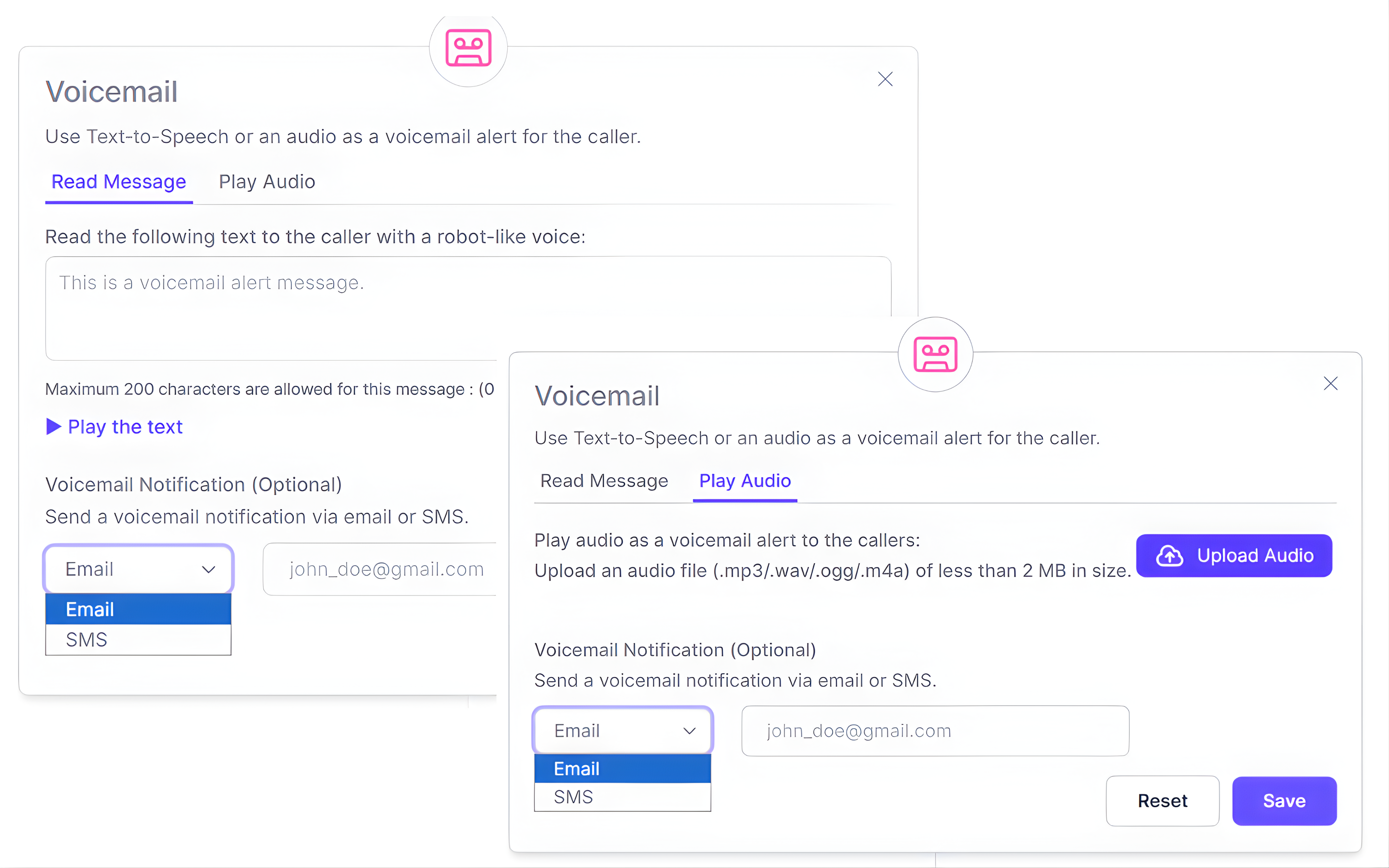 Voicemail setup in call flow builder with text to speech message, audio upload and email or SMS notification configuration